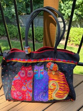 Signed Laurel Burch Colorful Large Canvas Tote “Feline Friends”